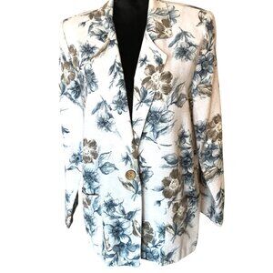Lisa Josephs Vintage Woven Jacket: 80s Blazer Cream Blue Green Floral, Women’s S